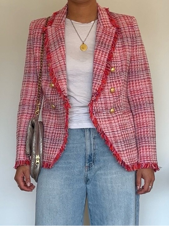Pink Tweed Frayed Edge Double-Breasted Blazer